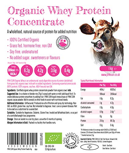PINK SUN Organic Whey Protein Concentrate Powder Unflavoured 1kg (80% Protein with BCAA) Soy Free Grass Fed Gluten Free No Additives Vegetarian Undenatured Non GM Certified Bio UK - Image 3