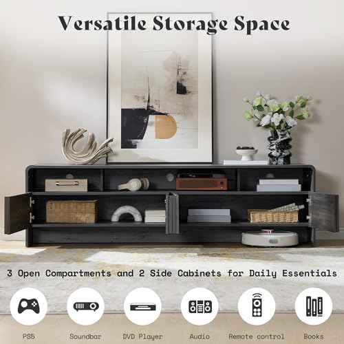 Image of AMERLIFE 70 inch Modern TV Stand for TVs up to 80 inch, Fluted Wood Entertainment Center with Storage Cabinets, Media Console Table for Living Room, Black