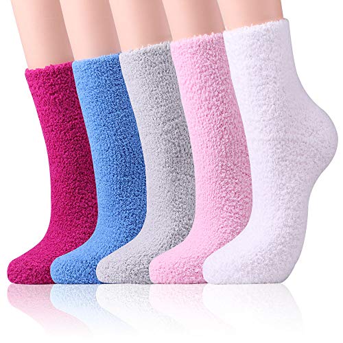 Fuzzy Cozy Socks Women Fluffy Plush Crew Slipper Sock For Girls Warm for Winter (Solid Color B 5 Pairs)