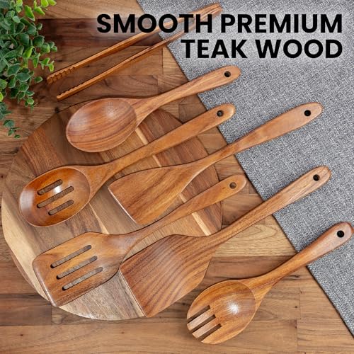 Image of Zulay Kitchen Teak Wood Utensil Set - 7 Piece Wooden Cooking Utensils - Slotted Spoon, Bowl Scraper, Solid & Slotted Turner, Salad Spoon, Fork & Tongs - Durable, Nonstick Safe & Smooth Finish
