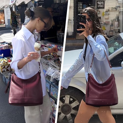 Image of Genuine Leather Hobo Crossbody Bag for Women, Soft Real Leather Bucket, Shoulder Handbag Purse with 2 Removable Strap