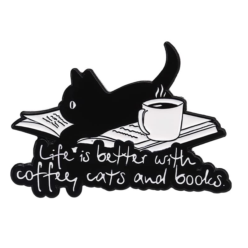 Pin's chat noir mignon idée cadeau idéal pour lecteur et caféomane