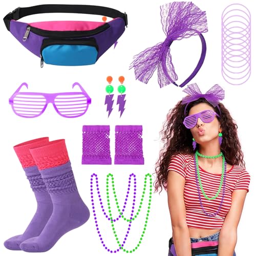 ZhouBoat 80s Accessories for Women Fanny Pack Neon Jewelry Fishnet Gloves Neon Socks Lace Headband Glasses for 80s Theme Party (Purple)