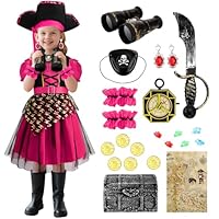 deAO Pirate Costume for Girls Halloween Costume Set with Dress,Hat,Telescope,Map Role Play Dress Up for Kids Birthday Party