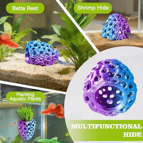 Image of Shrimp Dome Hide, Shrimp Hides for Aquarium, Betta Fish Hideout with Suction Cup, Betta Habitat Tank Ornament Accessories, Aquarium Decor for Small Fish Guppy Hiding Resting (Blue Red)
