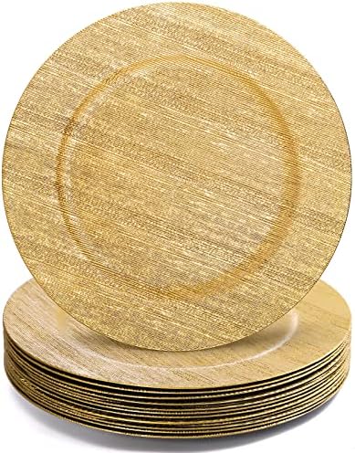 Jucoan 12 Pack Gold Charger Plates, 13 Inch Plastic Charger Plates with Linear Design, Round Decorative Dinner Chargers for Wedding, Banquet, Party, Christmas Table Decor, Shiny Foil Texture