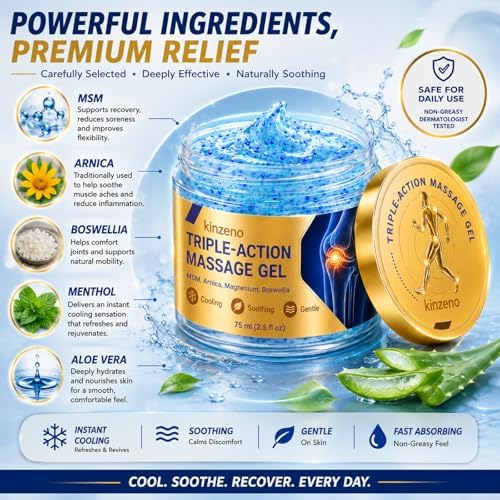 Kinzeno Triple Action Massage Gel with Arnica, Magnesium & Boswellia, Cooling & Soothing Gel for Daily Massage Routine, Gentle Fast-Absorbing Body Care Formula, 75ml - 1