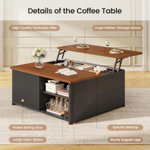 Image of SEDETA 31.5 inch Lift Top Coffee Table with Storage, Square Coffee Tables for Living Room, Fluted Coffee Table with Large Hidden Storage Compartment and Adjustable Shelves, Fluted Black