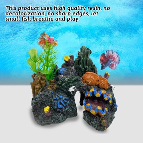 Image of PINVNBY Aquarium Coral Reef Decor Resin Fish Tank Decorations Rock Mountain Cave Ornaments for Goldfish Betta Fish Sleep Rest Hide Play Breed with 4 PCS Aquatic Plants (Small Size)