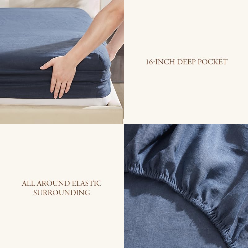 DAPU Linen Sheets Queen,Yarn Dyed Gingham Check Plaid 100% Washed Linen Bedding with Envelope Closure,4 PCs Soft Linen Sheets Set,Geometric Checkered Pattern in Navy Blue & White,Queen Size