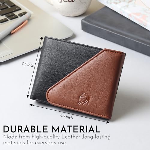 Image of VEMILIO Men's Vegan Leather Wallet for Men | Edge Cut Slim Bi-Fold Gents Purse | Stylish Wallet with Coin Pocket | 3 Card Slots | ID Window & 2 Currency Compartments (Brown & Black)