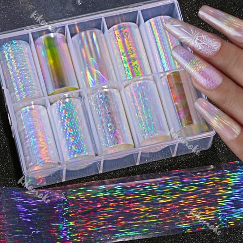 Aurora Nail Foil, 10 Rolls Holographic Nail Art Transfer Foil, Clear Laser Chrome Powder Foils for Nails Design Stickers Laser Iridescent Starry Flower Dots for Nails Decoration and Manicure Design