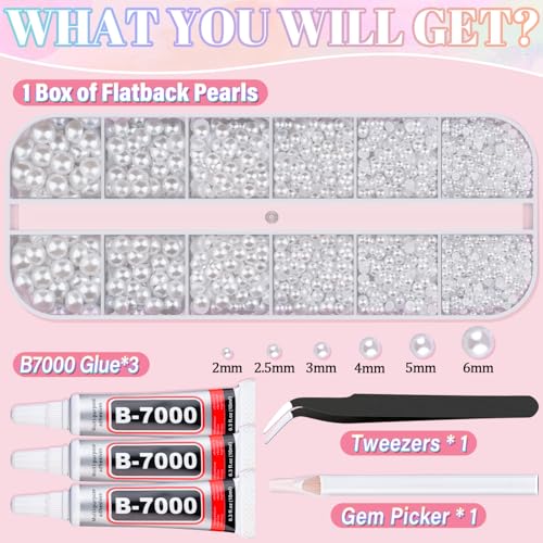 Image of Flatback Pearls for Crafting with 3Pcs 10ml B7000 Jewelry Glue, 1 Box of Half Round White Pearls, Bedazzling Beads for DIY Crafts Clothing Tumblers Shoes Embellishment Nail Art