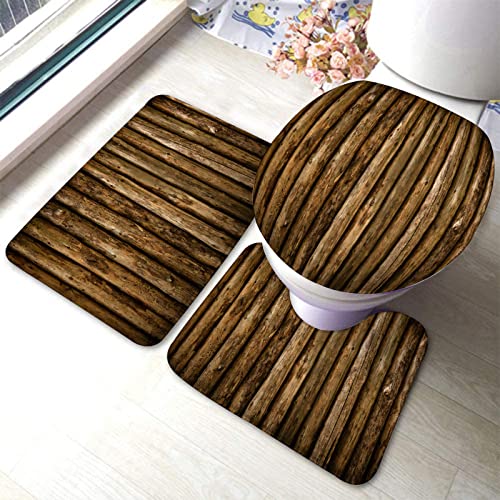 3-teiliges Badezimmerteppich-Set, holzbraune Blockwand, waschbare Badeteppiche, rutschfest, mit Rückenpolster, Konturteppich und Toilettendeckelbezug