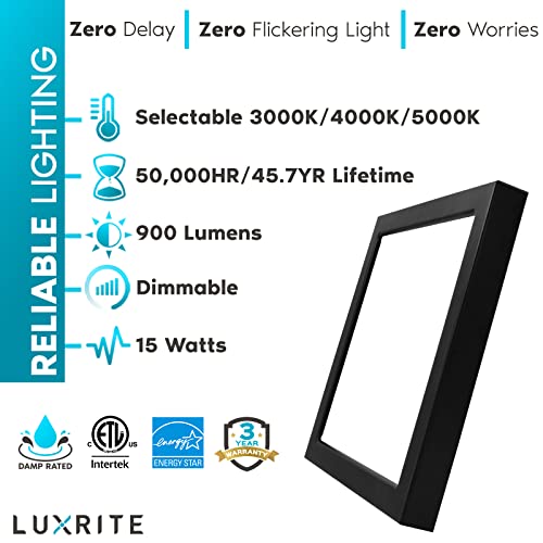 Luxrite 6 Inch Square Led Flush Mount Ceiling Light Fixture, 15W, 3 Color Selectable 3000K | 4000K | 5000K, 900 Lumens, Dimmable Surface Mount Downlight, Damp Rated, J-Box Install, Black Trim, 2-Pack #TOP6