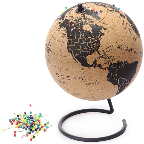 Cork Globe with Push Pins - 9.4” Push Pin Globe with Map of the World and Rotating Stand for...