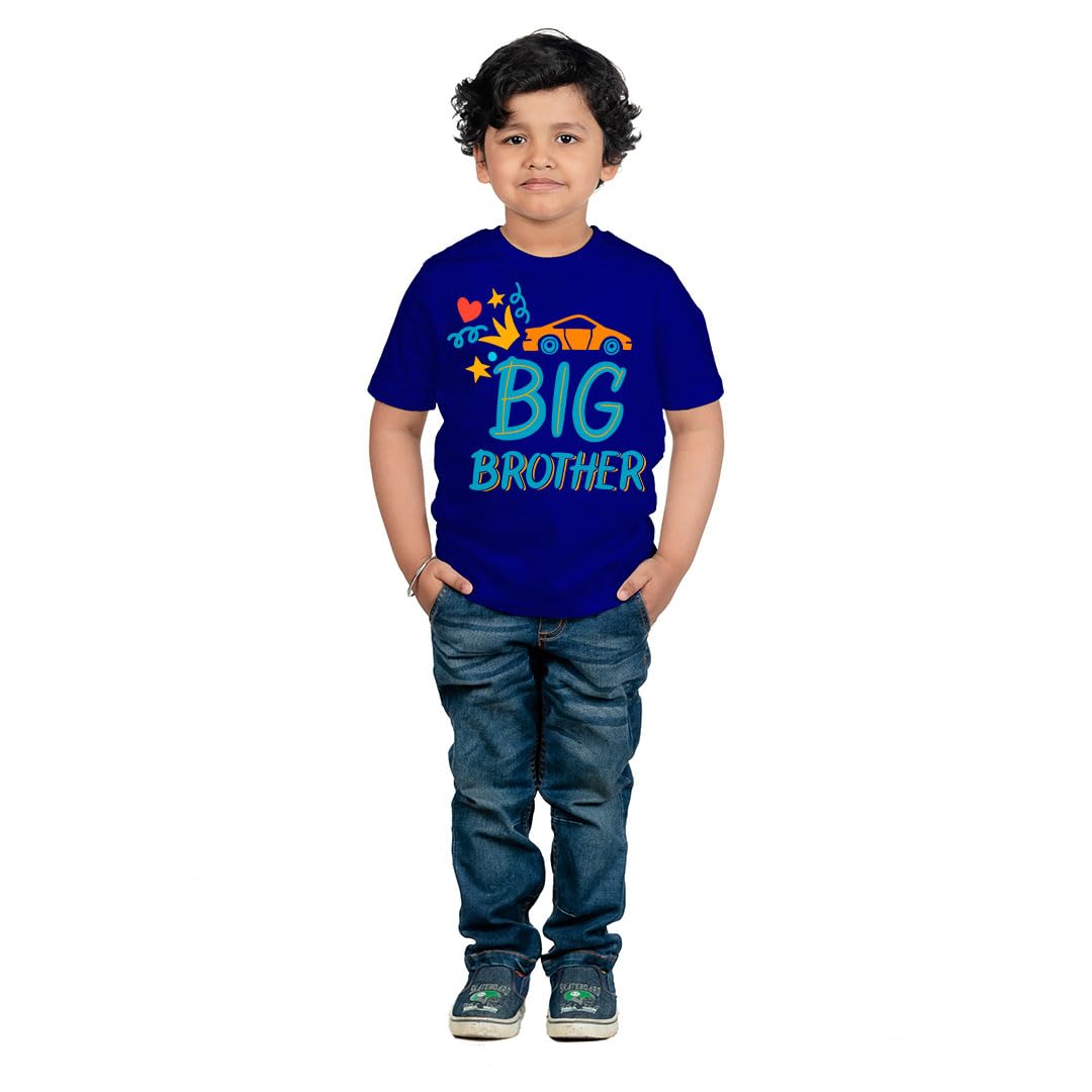 Chombooka Big Brother Printed Cotton T-Shirt for Boys | Cute Car Graphic Design | Half Sleeve Kids Casual Tee Royal Blue 1