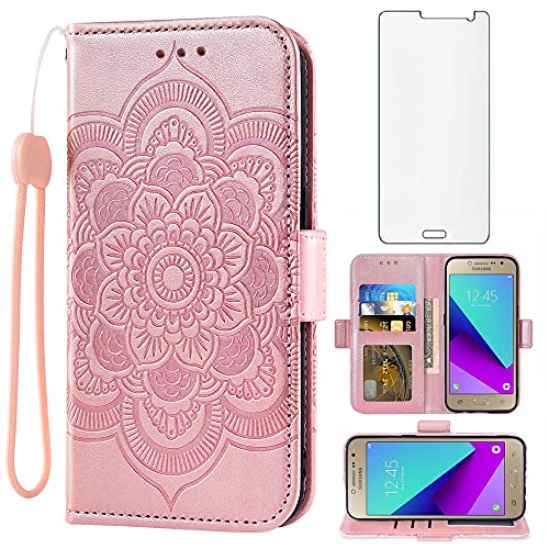 Asuwish Compatible with Samsung Galaxy Grand Prime J2 Prime Wallet Case and Tempered Glass Screen Protector Flip Cover Card Holder Cell Accessories Phone Cases for Glaxay 2 2J Plus Women Men Rose Gold