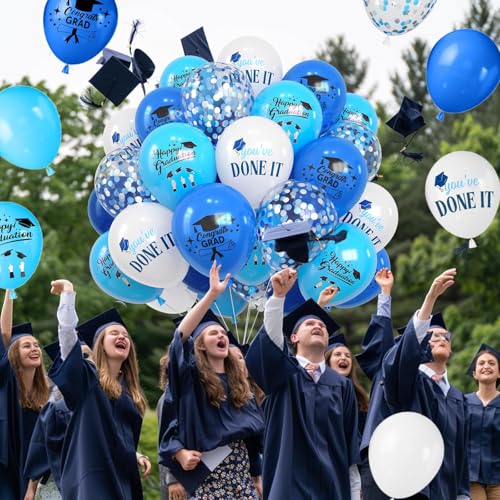 Image of Navy Blue and White Graduation Balloons 12 Inch Graduation Print Balloons