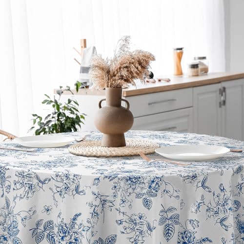 Image of Ganeen 6 Pcs Blue Floral Plastic Tablecloth 84 Inch Round Vintage Floral Tablecloth Disposable Round Flower Waterproof Table Covers for Birthday Wedding Baby Shower Picnic Dinner Party Decoration