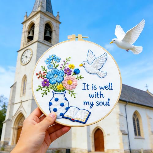 Image of BEUNITONE 6PCS Bible Cross Pattern Embroidery Starter Kit, Hand Embroidery Kits for Adults Beginners Include Hoop Needles Threads and Instruction, Funny Needlepoint Craft Kits for Gifts and Home Decor