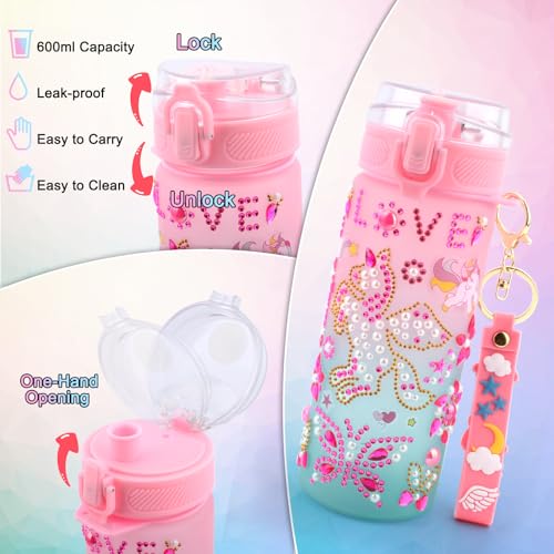 Geburtstag Geschenk Mädchen 4 5 6 7 8 9 10 11 12 Jahre, Weihnachten Geschenke für Mädchen DIY Trinkflasche und Baseballkappe, Bastelset Kinder Selbst Gestalten Kappe mit Edelstein & Aufklebern