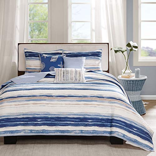 F&W 6 Piece Trendy Blue Tan White King/Cal King Coverlet Set, Str...