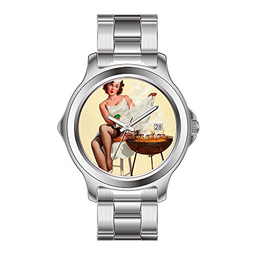 FDC Weihnachtsgeschenk-Uhren Herren Mode Japanisches Quarz Datum Edelstahl Armband Uhr Barbecue Pin-Up Mädchen Armbanduhren