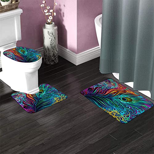 Badezimmerteppich-Set, 3-teilig, bunter Pfauenfeder-Abstrakt, waschbarer Badeteppich, rutschfest, mit Rückenpolster, Konturteppich und Toilettendeckelbezug – Bild 3