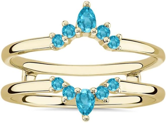Blue Topaz Crown Shaped Enhancer Guard For Women, 14k Gold Finish Blue Topaz Wrap Ring, Engagement Ring