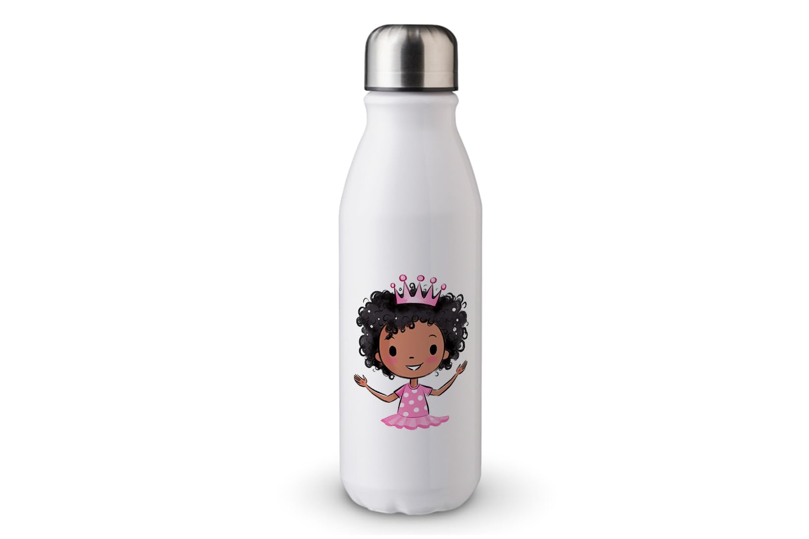 MAXIKIWI - Single Wall Water Drinking Bottle with Screw Cap, Non Insulated Lightweight Aluminium, BPA Free, Leak-Proof - Cute Princess With Tiara - 500ml