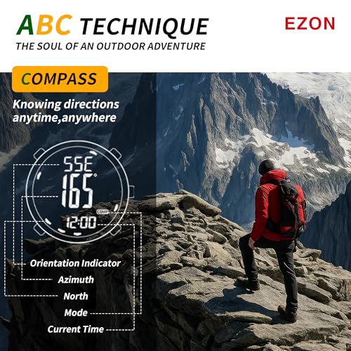 Image of EZON Climbing Hiking Watch Waterproof Outdoor Sports Watch with Compass Thermometer Barometer Altimeter Wristwatch for Men H001, Black