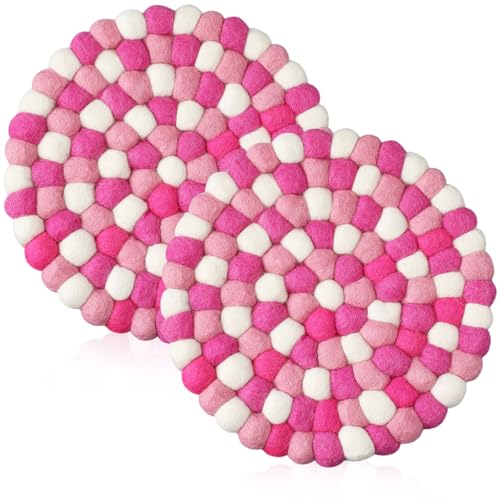 Lallisa 2 Pcs Felt Ball Trivets Round Heat Resistant Pot Holder, Pink