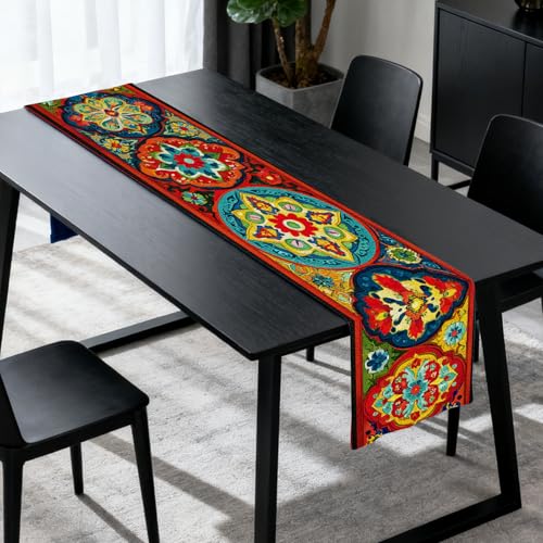 Image of Nuxovilar Multicolor Geometric Floral Flax Table Runner 13x72 in
