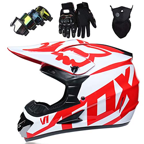 Casco de Motocicleta, Conjunto de Casco de Motocross Todo Terreno MTB MX de Integrales para Nios y Adultos (Gafas + Mscara + Guantes) con Diseo FOX - Certificacin DOT & ECE, Blanco Rojo