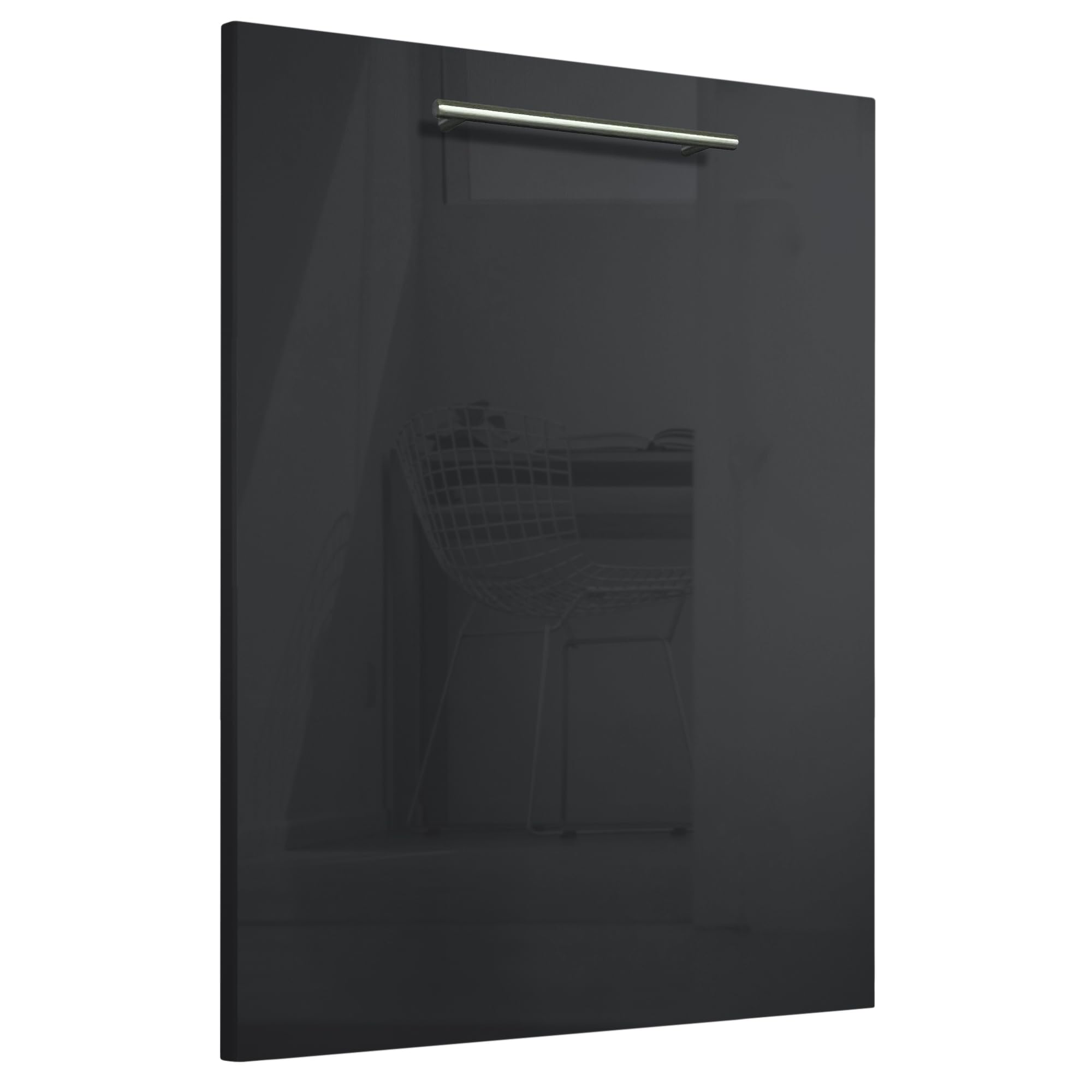 Geschirrspülerfront/Blende – 19 mm MDF – für vollintegrierte Spülmaschinen – inkl. Edelstahlgriff – 715×594 mm – Schwarz Hochglanz