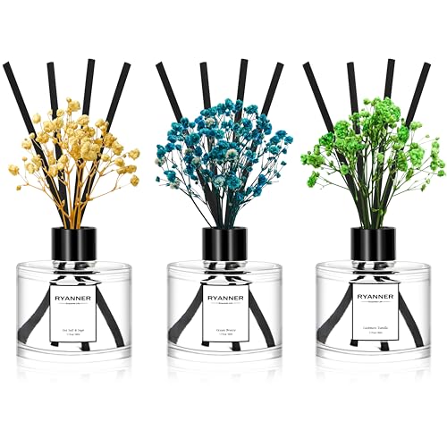 RYANNER Reed Diffuser Set of 3 Pack,Cashmere Vanilla/Sea Salt&Sage/Ocean Breeze Scented Oil Diffuser with Sticks(1.7 fl oz Each Pack),Air Freshener for Bedroom Bathroom Office | Shelf Decor
