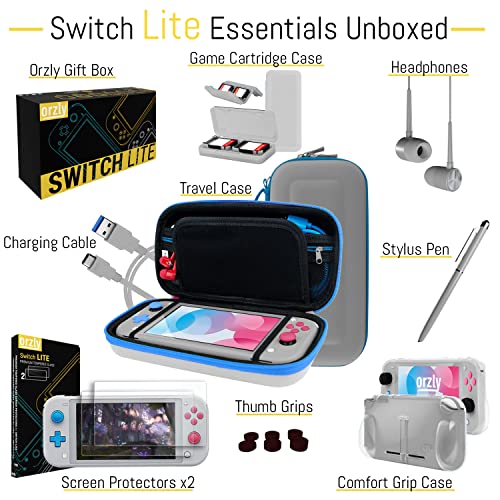 Image of Orzly Switch Lite Accessories Bundle - Case & Screen Protector for Nintendo Switch Lite Console, USB Cable, Games Holder, Grip Case, Headphones, Thumb-Grip Pack & More (Gift Pack - Z&Z Edition)