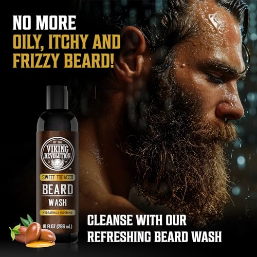 Image of Viking Revolution Beard Wash & Conditioner Set - Sweet Tobacco - 10 oz | Formulated with Argan & Jojoba Oils - Softens & Strengthens Beard - Sweet Tobacco Scent