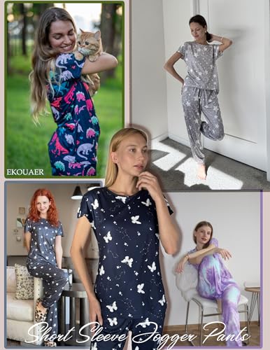 Image of Ekouaer Womens Pajama Sets Short Sleeve Lounge Sets for Women Printed Jogger Pajama Set 2 Piece Pj Sets With Pockets S-XXL