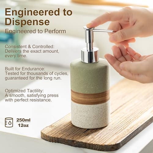 Image of Ceramic Dish Soap Dispenser for Bathroom Shower Hand Soap Dispenser | Refillable Shampoo and Conditioner Bottle, Stainless Steel Pump, Silicone Funnel | Non-Slip Lotion Dispenser, Green and White