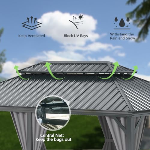 Domi 12'x16' Hardtop Gazebo Canopy,Outdoor Aluminum Gazebo with Galvanized Steel Double Roof,Permanent Gazebo with Drainage System,Curtain and Netting Included,Grey - Image 4