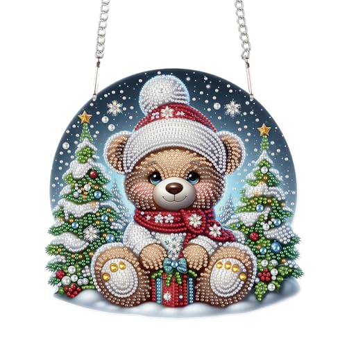 Image of AiYuanzsh 5D DIY Large Christmas Diamond Art Hanging Kits for Adults | Crystal Diamond Painting Suncatchers, Bear Doll and Christmas Tree, Wall, Window & Door Decoration, Home Holiday Gift