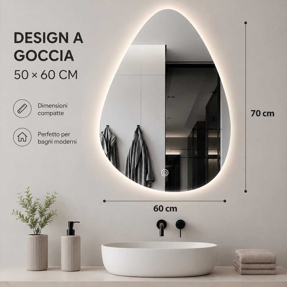 Shally Dogan Specchio Goccia da Parete con Led Dimmerabile a 3 Colori, Bianco Freddo, Caldo e Naturale, Accensione con Touch, Decorazione da Muro Design Moderno e Salvaspazio