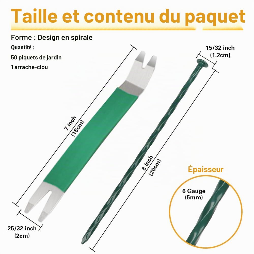 Bakulyor Lot de 50 piquets de paysage en métal, clous de gazon artificiel de 20.3 cm, grands pics d'aménagement paysager de calibre 6, bordure en bois, barrière contre les mauvaises herbes – 20.3 cm