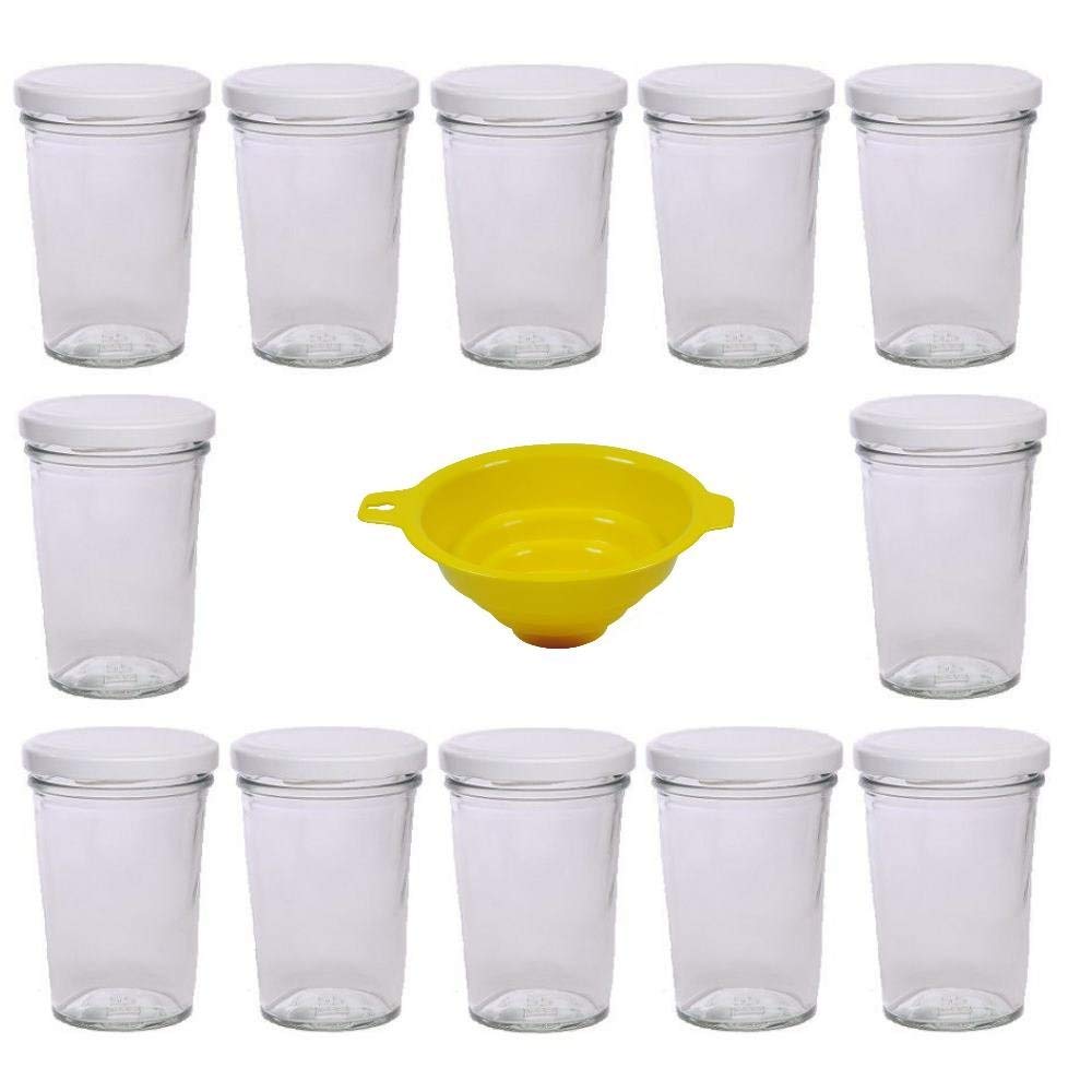 Set of 12 Jam Jars 150 ml with White Lid for Jams Chutneys Pastes etc. Including Yellow Funnel