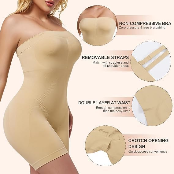 Image of Women's Seamless Tummy Control Shapewear Bodysuit with Adjustable Straps | Slimming Full Body Shaper with Shorts | Body Compression for Under Dresses (Pack of 2)