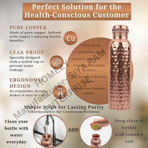 Image of Copper Water Bottle (34oz /1000ml) 100% Pure Handmade Hammered Ayurvedic Pure Copper Vessel for Drinking Heavy Duty & Leak-proof