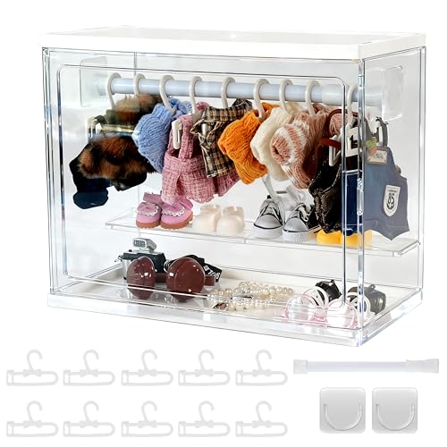 Clear Acrylic Doll Wardrobe Compatible with Labubu, 10 Hangers, 1 Rod & 2 Supports, Dust-Resistant Stackable Organizer Cabinet Storage Box for 15/17cm...