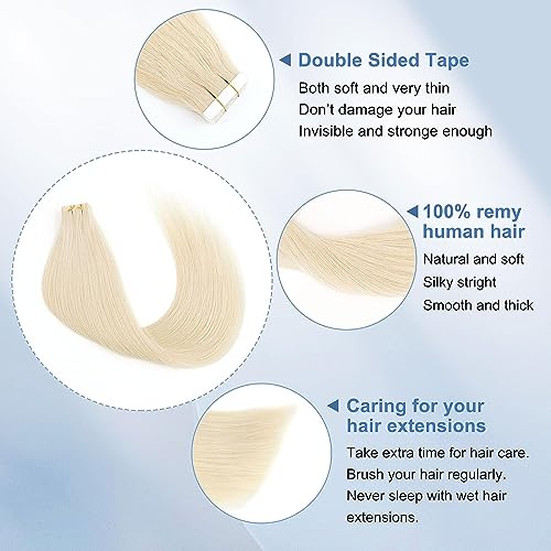 Image of Sixstarhair Invisible Tape In Hair Extensions Real Human Hair Bleached Blonde Remy Tape Hair Extensions Ash Blonde for Woman 20 Pieces 50g [Color #60 22 inch]